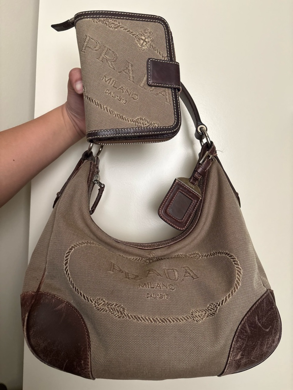 Prada Logo Jacquard Canvas Hobo Shoulder Bag with Matching Wallet